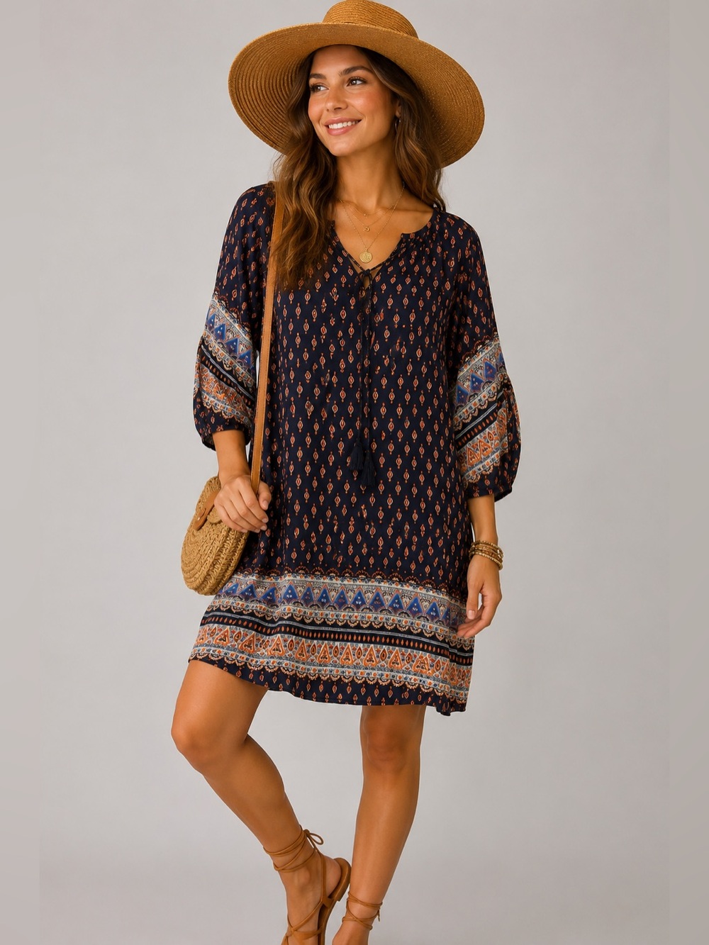 Aranee Boho Border Print Tassel Tie Tunic Dress Black Orange 3/4 sleeves Sz L